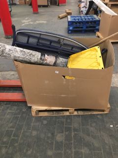 PALLET OF ASSORTED ITEMS TO INCLUDE IRONING BOARD & LARGE HOUSE RUG IN GREY