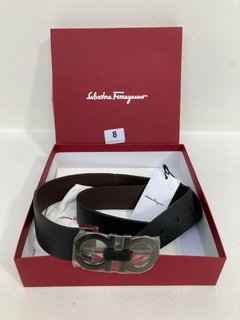 FERRAGAMO REVERSIBLE AND ADJUSTABLE GANCINI BELT IN BLACK/HICKORY - RRP £420: LOCATION - FRONT BOOTH