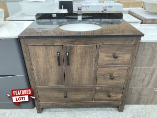 (COLLECTION ONLY) FLOOR STANDING 2 DOOR 4 DRAWER SINK UNIT IN DARK OAK WITH 900 X 510MM BLACK GRANITE TOP WITH BACKSPLASH WITH CERAMIC UNDERMOUNT BASIN COMPLETE WITH WATERFALL SPOUT MONO BASIN MIXER