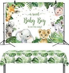 20 X XCKALI JUNGLE ANIMALS BACKDROP TABLECLOTH SET A SWEET BABY BOY IS ON HIS WAY PARTY BACKDROP 5X3FT AND PALM LEAF TABLECLOTH 4.2X7.2FT - TOTAL RRP £197: LOCATION - B RACK