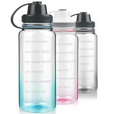 15 X FEREXER LARGE 1.5 LITRE REUSABLE GLASS WATER BOTTLE WITH TIME MARKER, MOTIVATIONAL BOROSILICATE WATER BOTTLE WITH NEOPRENE SLEEVE 1.5 L BPA FREE BLUE - TOTAL RRP £125: LOCATION - B RACK
