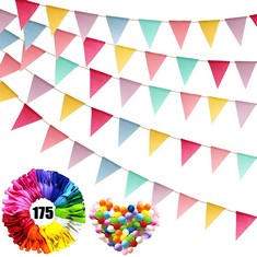 16 X OEMG BUNTING BANNER PARTY DECORS KIT, 75 FLAGS 59FT BUNTING LINEN + 100 BALLOONS 10 INCH, WEDDING GARDEN HOME FESTIVAL DECOR, MULTICOLOR, RED, YELLOW, BLUE, GOLD, ROSE, PASTEL, GREEN, PINK , SB-