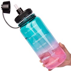 10 X FEREXER LARGE 1.5 LITRE REUSABLE GLASS WATER BOTTLE WITH TIME MARKER, MOTIVATIONAL BOROSILICATE WATER BOTTLE WITH NEOPRENE SLEEVE 1.5 L BPA FREE , BLUE-PINK  - TOTAL RRP £142: LOCATION - C RACK