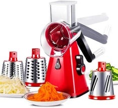 10 X MULTIFUNCTIONAL VEGETABLE AND FRUIT CUTTING MACHINE, ROTATING DRUM CHEESE GRATER WITH 3 STAINLESS STEEL REVOLVING BLADES, MANUAL AND SAFE MILLING, SLICER , RED  - TOTAL RRP £134: LOCATION - C RA