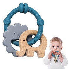 35 X TYRY.HU TEETHING TOYS FOR BABY TEETHING RING SILICONE BRACELET MULTITEXTURE EASY TO HOLD TOY WITH WOODEN ANIMAL LION ELEPHANT GIRLS BOYS TEETHER BPA FREE?ELEPHANT? - TOTAL RRP £176: LOCATION - C