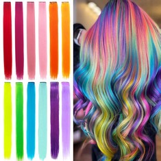 38 X 12 PCS COLORED CLIP IN HAIR EXTENSIONS, 22 INCH COLORFUL RAINBOW HIGHLIGHTS HAIR PIECES STRAIGHT & LONG HEAT-RESISTANT SYNTHETIC HAIR FOR KID GIRLS WOMEN PARTY HAIR DECOR , 12PCS-COLORFUL  - TOT