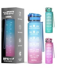 13 X NUKOI SPORTS WATER BOTTLE, 1000ML MOTIVATIONAL TRITAN DRINKING BOTTLE FOR GYM, WITH FILTER & CLEANING BRUSH, BPA FREE, EXCLUSIVE OPEN-WINDOW PACKAGING, BIRTHDAY GIFT - BLUE/PINK GRADIENT - TOTAL
