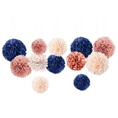 QTY OF ASSORTED ITEMS TO INCLUDE GENDER REVEAL BABY SHOWER PARTY DECORATIONS. NAVY BLUE/ROSE PINK. : LOCATION - F RACK