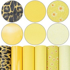 14 X 6 PIECES/SET 8X12 INCH (21CM X 30CM) A4 BUNDLE LEATHER SHEETS MIXED YELLOW SERIES DAISY FINE GLITTER PATENT LITCHI LEOPARD PATTERN FAUX LEATHER FABRIC FOR BOW EARRING MAKING DIY CRAFT - TOTAL RR