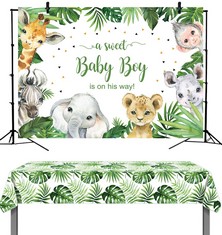 13 X AXC KALI JUNGLE ANIMALS BACKDROP TABLECLOTH SET A SWEET BABY BOY IS ON HIS WAY PARTY BACKDROP 5X3FT AND PALM LEAF TABLECLOTH 4.2X7.2FT - TOTAL RRP £128: LOCATION - C