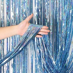 25 X OEMG LSCL-4 4PCS 1MX2.5M METALLIC TINSEL FOIL FRINGE CURTAINS LIGHT BLUE LASER STREAMERS BACKDROP FOR UNDER THE SEA KIDS BIRTHDAY BOY CHRISTENING FROZEN HALLOWEEN WEDDING PARTY DECORATIONS - TOT