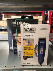 QTY OF ITEMS TO INCLUDE WAHL COLOUR PRO CORDED CLIPPER, HEAD SHAVER, MEN'S HAIR CLIPPERS, COLOUR CODED GUIDES, FAMILY AT HOME HAIRCUTTING: LOCATION - E