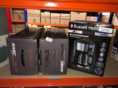 QTY OF ITEMS TO INCLUDE RUSSELL HOBBS BUCKINGHAM FILTER COFFEE MACHINE, 1.25L CARAFE/10 CUPS, 1-4 CUP BREWING OPTION, FAST BREW, 24HR TIMER, 40MIN KEEP WARM, PAUSE & POUR, WASHABLE FILTER, AUTO CLEAN