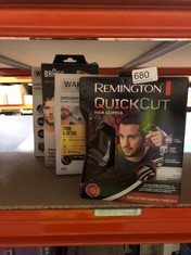 QTY OF ITEMS TO INCLUDE REMINGTON QUICK CUT HAIR CLIPPERS WITH CURVE CUT BLADE TECHNOLOGY FOR A CLEANER, MORE EVEN CUT, 9 GUIDE COMBS (1.5-15MM), GRADING, TAPERING & TRIMMING, UP TO 40 MIN USAGE, WAT