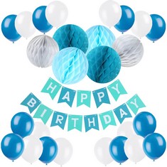 15 X RECOSIS HAPPY BIRTHDAY BUNTING BANNER WITH 20 PIECES LATEX PARTY BALLOONS AND 6 PIECES HONEYCOMB BALLS FOR BIRTHDAY PARTY DECORATIONS (BLUE) - TOTAL RRP £137: LOCATION - A