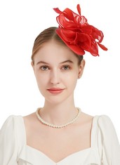 73 X QDC FASCINATORS HAT FOR WOMEN ORGANZA FLOWER COCKTAIL TEA PARTY HEADWEAR WEDDING DERBY CHURCH MESH RIBBON FEATHERS HAIR CLIP FOR GIRLS (RED) - TOTAL RRP £425: LOCATION - A