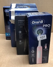 QTY OF ITEMS TO INCLUDE ORAL-B PRO 1 ELECTRIC TOOTHBRUSHES FOR ADULTS WITH 3D CLEANING, GIFTS FOR WOMEN / MEN, 1 TOOTHBRUSH HEAD, GUM PRESSURE CONTROL, 2 PIN UK PLUG, PINK: LOCATION - A