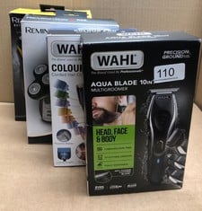 QTY OF ITEMS TO INCLUDE WAHL AQUA BLADE 10 IN 1 MULTIGROOM, BEARD AND BODY TRIMMERS MEN, STUBBLE TRIMMING, BODY SHAVING, FACE AND BODY GROOMING, FULLY WASHABLE, MALE SET, BLACK: LOCATION - A