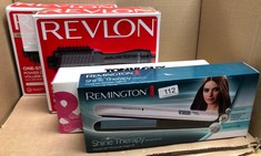 QTY OF ITEMS TO INCLUDE REMINGTON SHINE THERAPY HAIR STRAIGHTENER WITH ADVANCED CERAMIC COATING INFUSED WITH MOROCCAN ARGAN OIL FOR SLEEK & SMOOTH GLIDE, FLOATING PLATES, DIGITAL DISPLAY, 9 SETTINGS