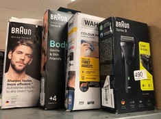 QTY OF ITEMS TO INCLUDE BRAUN SERIES 3 ELECTRIC SHAVER FOR MEN WITH PRECISION BEARD TRIMMER, ELECTRIC RAZOR FOR MEN, UK 2 PIN PLUG, 300, BLACK RAZOR: LOCATION - E RACK