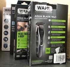 QTY OF ITEMS TO INCLUDE WAHL AQUA BLADE 10 IN 1 MULTIGROOM, EYEBROW ATTACHMENT, BEARD TRIMMERS MEN, BODY TRIMMERS, MEN’S BEARD TRIMMER, STUBBLE TRIMMING, BODY SHAVING, FACE GROOMING, FULLY WASHABLE,