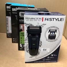 QTY OF ITEMS TO INCLUDE REMINGTON F4 MEN'S ELECTRIC FOIL SHAVER (DRY SHAVE, POP UP DETAIL TRIMMER, 50MIN USAGE, 4HR CHARGE, CORDLESS, WORLDWIDE VOLTAGE ADJUSTMENT, HEAD GUARD, CLEANING BRUSH) F4002:
