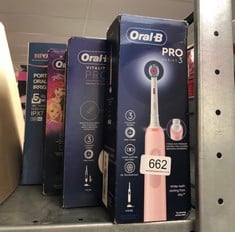 QTY OF ITEMS TO INCLUDE ORAL-B PRO 3 ELECTRIC TOOTHBRUSHES FOR ADULTS, GIFTS FOR WOMEN / MEN, 1 3D WHITE TOOTHBRUSH HEAD, 3 MODES WITH TEETH WHITENING, 2 PIN UK PLUG, 3000, PINK: LOCATION - G RACK