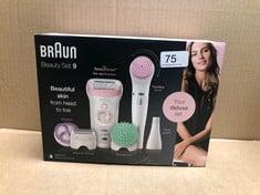 BRAUN BEAUTY SET 9, EPILATOR FOR HAIR REMOVAL, 7 IN 1, INCLUDES LADY SHAVER, FACE EPILATOR & EXFOLIATOR, GIFTS FOR WOMEN, UK 2 PIN PLUG, 9-985, WHITE/PINK: LOCATION - A