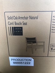 JOHN LEWIS SOLID OAK ARMCHAIR NATURAL CORD BOUCLE SEAT - RRP £699: LOCATION - FLOOR(COLLECTION OR OPTIONAL DELIVERY AVAILABLE)