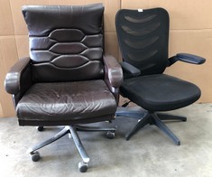 BROWN LEATHER COMPUTER CHAIR / BLACK OFFICE CHAIR : LOCATION - FLOOR (COLLECTION OR OPTIONAL DELIVERY AVAILABLE)