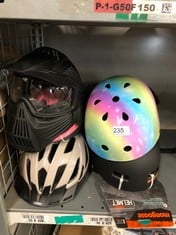 QTY OF ITEMS TO INCLUDE MONGOOSE URBAN YOUTH/ADULT HARDSHELL HELMET FOR SCOOTER, BMX, CYCLING AND SKATEBOARDING, MENS AND WOMENS, KIDS 8+ YEARS OLD, BLACK/ORANGE, MEDIUM/56-59CM: LOCATION - BACK RACK