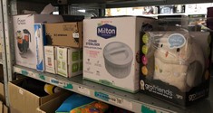 QTY OF ITEMS TO INCLUDE MILTON COMBI MICROWAVE OR COLD WATER STERILISER IN WHITE – FITS FIVE WIDE NECK BOTTLES OF ANY BRAND: LOCATION - B RACK