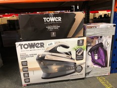 QTY OF ITEMS TO INCLUDE TOWER T22022GLD CERAGLIDE 360 CORD CORDLESS STEAM IRON WITH RAPID HEAT-UP AND RECHARGE, 2800W, BLACK AND GOLD: LOCATION - C RACK