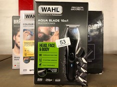 QTY OF ITEMS TO INCLUDE WAHL AQUA BLADE 10 IN 1 MULTIGROOM, BEARD AND BODY TRIMMERS MEN, STUBBLE TRIMMING, BODY SHAVING, FACE AND BODY GROOMING, FULLY WASHABLE, MALE SET, BLACK: LOCATION - A RACK