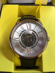 INVICTA WHITE FACE WITH ROSE GOLD DIALS AND BLACK LEATHER STRAP: LOCATION - E RACK