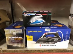 QTY OF ITEMS TO INCLUDE RUSSELL HOBBS DUAL VOLTAGE STEAM GLIDE TRAVEL IRON, 80 ML WATER TANK, STAINLESS STEEL SOLEPLATE, WATER SPRAY, VARIABLE TEMP & STEAM, 1.5M CORD, 830W, 22470: LOCATION - BACK RA