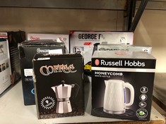 QTY OF ITEMS TO INCLUDE RUSSELL HOBBS HONEYCOMB ELECTRIC 1.7L CORDLESS KETTLE (FAST BOIL 3KW, WHITE PREMIUM PLASTIC, MATT & HIGH GLOSS FINISH, REMOVABLE WASHABLE ANTI-SCALE FILTER, PUSH BUTTON LID, P