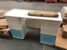 6 DRAWER DESK IN WHITE / BLUE TO INCLUDE OAK SOLID WOOD FLOATING SHELF (COLLECTION OR OPTIONAL DELIVERY) (KERBSIDE PALLET DELIVERY)