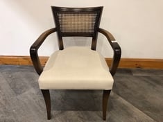 MOLINA DARK HARDWODD CURVED BEECH FRAME ARMS DINING CHAIR, CANE BACK WITH UPHOLSTERED SLUBY NATURAL LINEN SEAT RRP- £625