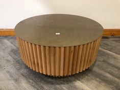 BARREL OAK CYLINDER COFFEE TABLE WITH ANTIQUE BRASS TOP RRP- £1,295
