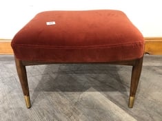 THEODORE TAPERED BIRCH WOOD FRAME FOOSTOOL WITH BRASS DETAILED LEGS, UPHOLSTERED IN RUST COTTON VELVET RRP- £495