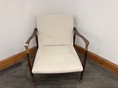 THEODORE HANDCRAFTED SOLID BIRCH FRAME ARMCHAIR WITH CAST BRASS-DETAILED ARMS, UPHOLSTERED IN NATURAL LINEN RRP- £995