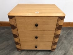 ANUEL SOLID OAK & WALNUT BEDSIDE TABLE, 3 DRAWERS WITH BLACKENED BRASS HANDLES RRP- £995