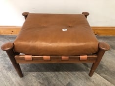 OTIS SOLID WALNUT FRAME FOOT STOOL N CHESTNUT LEATHER WITH THICK-CUT SUPPORT STRAPS & PULLED BUTTONED DETAILING RRP- £1,395