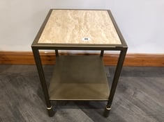 PORTNALL ANTIQUE BRASS FINISH FRAME SIDE TABLE WITH TRAVERTINE TABLE TOP & METAL SHELF RRP- £495