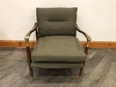 THEODORE HANDCRAFTED SOLID BIRCH FRAME ARMCHAIR WITH CAST BRASS-DETAILED ARMS, UPHOLSTERED IN OLIVE LINEN RRP- £995