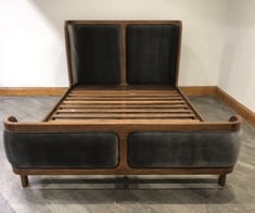 BELSA MID CENTURY-STYLE SOLID OAK FRAME DOUBLE BED WITH POLY VELVET STEEL UPHOLSTERED HEADBOARD AND FOOTBOARD RRP- £2,395