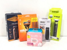 BOX OF ASSORTED SHAVING ITEMS TO INCLUDE KING.C.GILLETTE ELECTRIC BEARD TRIMMER (DELIVERY ONLY)