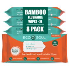 12 X ECO SOUL BAMBOO EXTRA-LARGE FLUSHABLE TOILET WET WIPES FOR ADULTS - UNSCENTED & ALCOHOL FREE | 8 PACK OF 48 WIPES EACH | BIODEGRADABLE | NON-ALLERGIC | SOFT INTIMATE, BODY, BUM & HAND CLEANSING