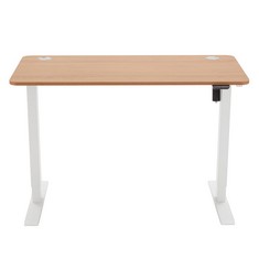 HEIGHT-ADJUSTABLE ELECTRIC DESK FOR SITTING OR STANDING WORK, 120 X 60 CM, BEECH TOP AND WHITE STRUCTURE.